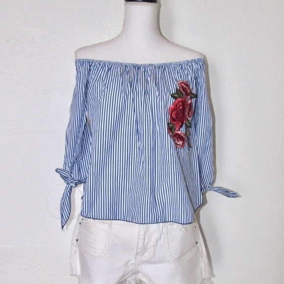 Off Shoulder Embroidered Striped Top. - Picture 5 of 8